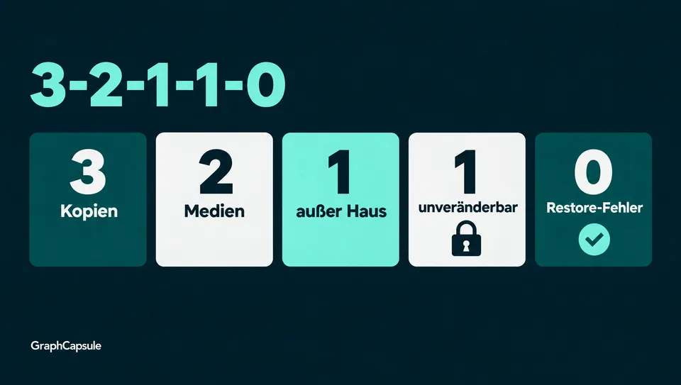 Die 3-2-1-1-0-Regel als fünf Kacheln: 3 Kopien, 2 Medien, 1 Kopie außer Haus, 1 unveränderbare Kopie und 0 Fehler bei der Wiederherstellung
