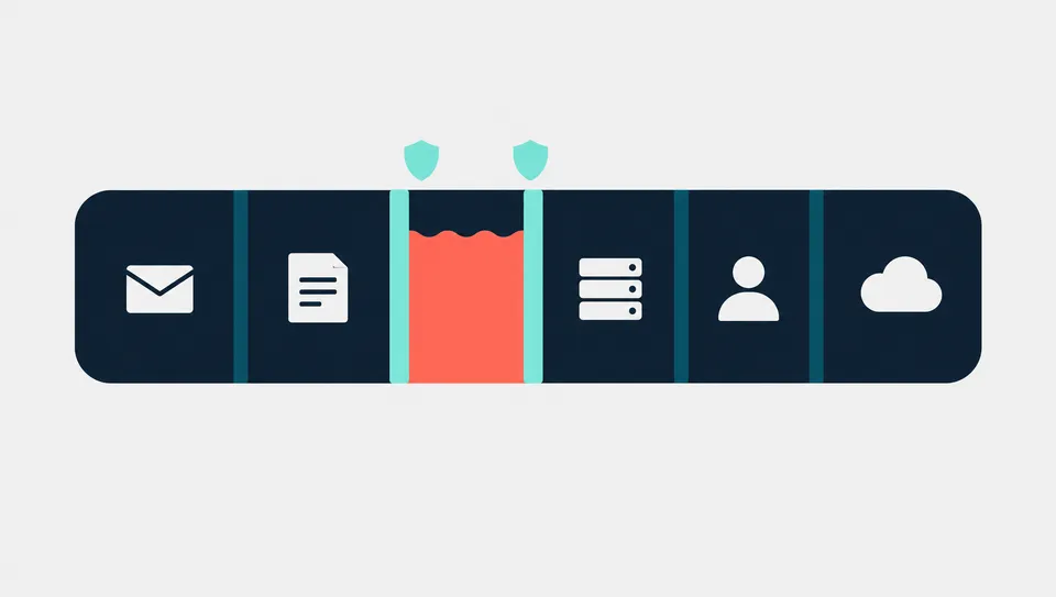 Abgeschottete Abteilungen: Ein betroffener Bereich wird zwischen zwei Schotten abgeriegelt, die Bereiche für Mail, Dokumente, Server, Konten und Cloud bleiben intakt